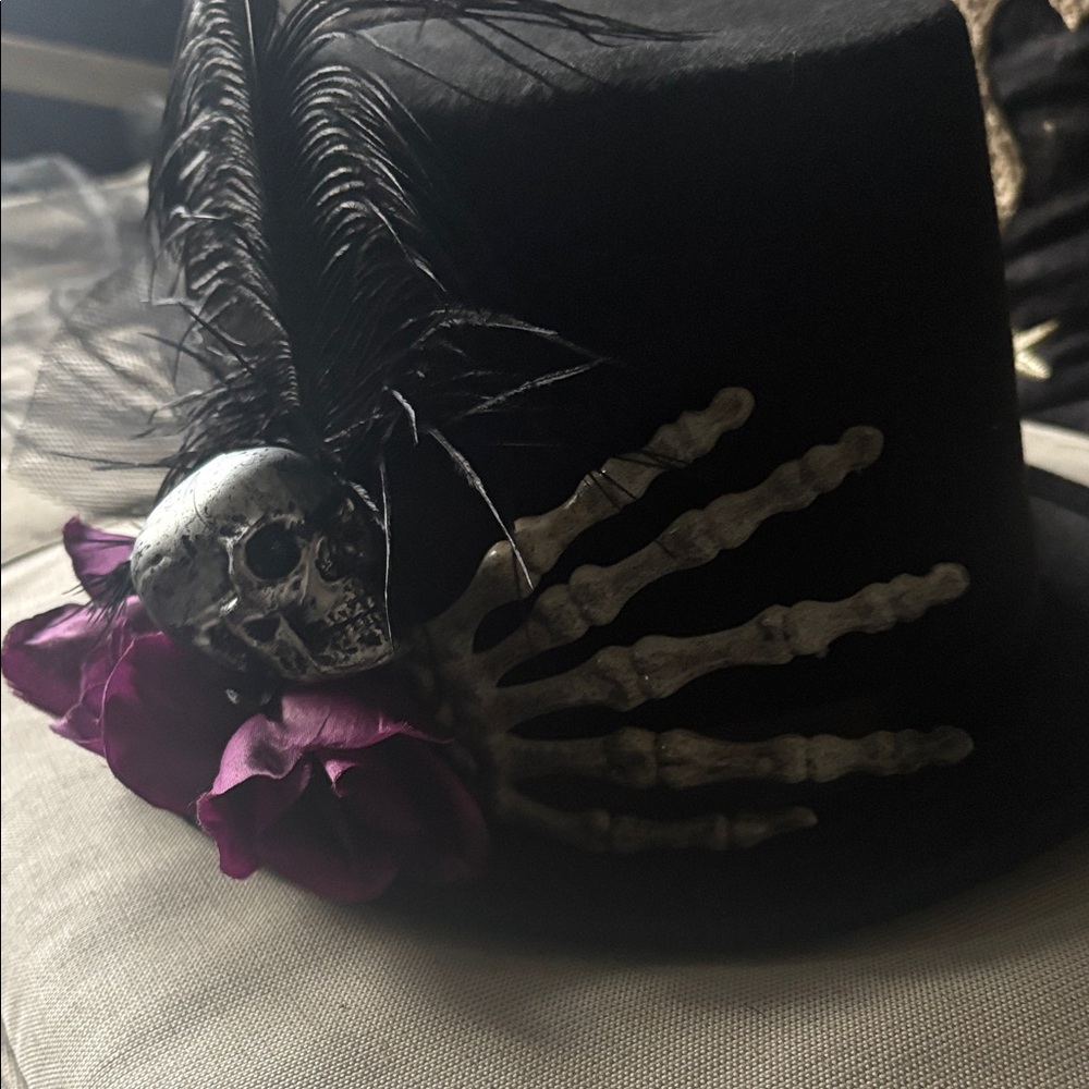 Halloween Black Top Hat with Skull and Purple Accents